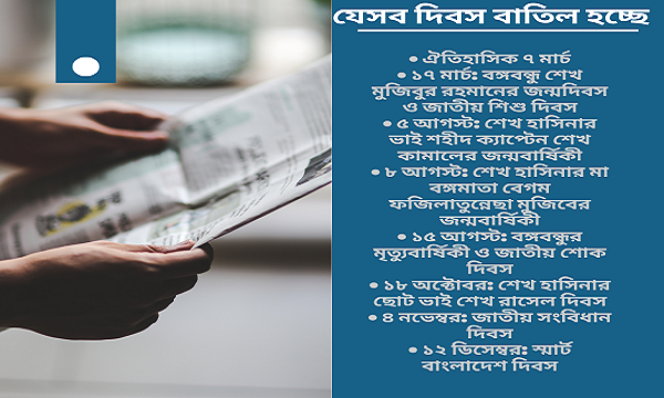 ঐতিহাসিক ৭ মার্চ ও ১৫ আগস্টসহ আটটি জাতীয় দিবস বাতিলের ঘোষণা