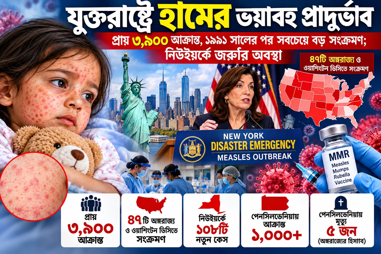 যুক্তরাষ্ট্রে হামের ভয়াবহ প্রাদুর্ভাব: প্রায় ৩,৯০০ আক্রান্ত, ১৯৯১ সালের পর সবচেয়ে বড় সংক্রমণ; নিউইয়র্কে জরুরি অবস্থা