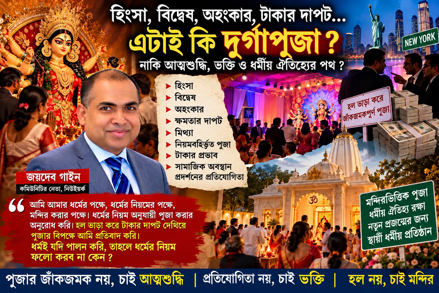 হিংসা, বিদ্বেষ আর অর্থের দাপটে কি হারিয়ে যাচ্ছে দুর্গাপূজার প্রকৃত শিক্ষা? নিউইয়র্কে মন্দিরভিত্তিক পূজার পক্ষে সোচ্চার জয়দেব গাইন: ধর্ম পালন করলে ধর্মের নিয়ম মানতে হবে, মন্দির গড়তে হবে, পূজার নামে প্রতিযোগিতা নয়—আত্মশুদ্ধি ও ঐতিহ্য রক্ষাই হোক দুর্গোৎসবের মূল লক্ষ্য