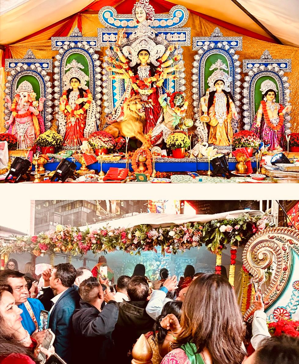টাইমস স্কয়ারে ‘মহামিলন ২০২৬’: রোদে দেবীবরণ, বৃষ্টিতে বিদায়—দুর্গোৎসবে ঐতিহ্য, সম্প্রীতি ও ন্যায়বিচারের আহ্বান; নৃত্যাঞ্জলির ৬০-এর অধিক শিল্পীর ‘দশমহাবিদ্যা’, তারকাদের সংগীত-নৃত্যে মুখর বিশ্বমঞ্চ, চার বিশিষ্ট ব্যক্তিত্ব ও যুক্তরাষ্ট্রের ছয় ঐতিহ্যবাহী সংগঠনকে সম্মাননা, বৃষ্টিতে ভিজেও শ্রী চিন্ময় কৃষ্ণ ব্রহ্মচারীর নিঃশর্ত মুক্তির দাবিতে প্রতিবাদ