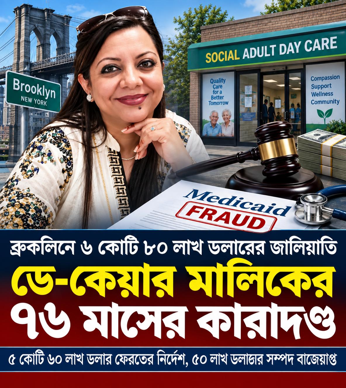 ব্রুকলিনে ৬ কোটি ৮০ লাখ ডলারের Medicaid জালিয়াতি: ডে-কেয়ার মালিকের ৭৬ মাসের কারাদণ্ড—৫ কোটি ৬০ লাখ ডলার ফেরতের নির্দেশ, ৫০ লাখ ডলারের সম্পদ বাজেয়াপ্ত