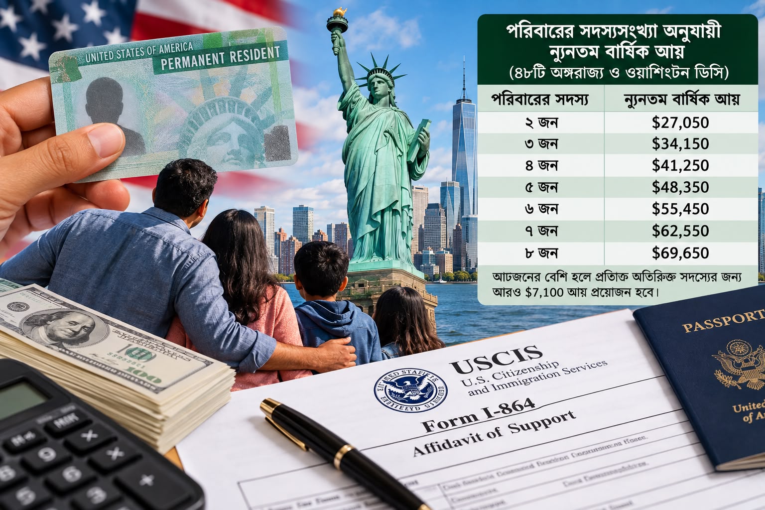 গ্রিন কার্ড স্পনসরশিপে আয়ের কঠোর শর্ত, দুই সদস্যের পরিবারে বছরে ২৭,০৫০ ডলার: পরিবারের সদস্য বাড়লে বাড়বে আয়ের বাধ্যবাধকতা, আয় কম হলে রয়েছে যৌথ স্পনসর ও সম্পদ ব্যবহারের সুযোগ; ফরম আই-৮৬৪-এ স্বাক্ষর মানেই আইনগত আর্থিক দায়বদ্ধতা