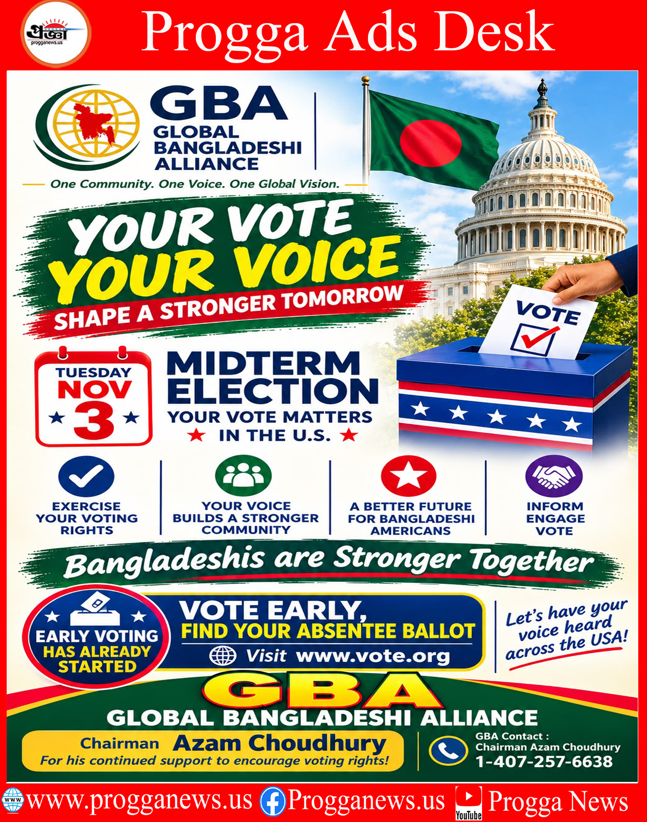 ADVERTISEMENT: YOUR VOTE, YOUR VOICE — GBA ENCOURAGES BANGLADESHI AMERICANS TO PARTICIPATE IN THE 2026 U.S. MIDTERM ELECTIONS