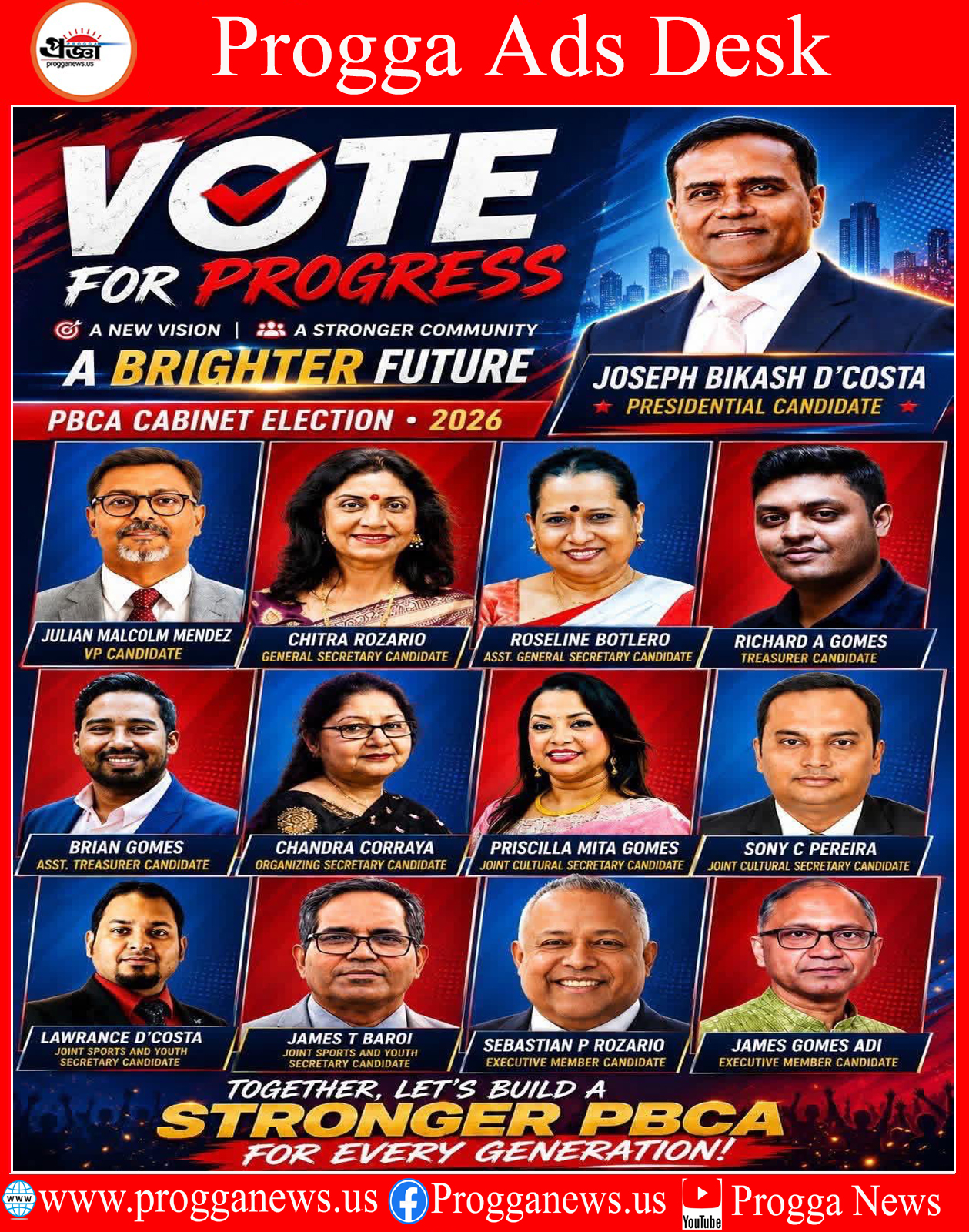 ADVERTISEMENT: VOTE FOR PROGRESS — SUPPORT JOSEPH BIKASH D’COSTA AND THE PBCA CABINET ELECTION 2026 TEAM!
