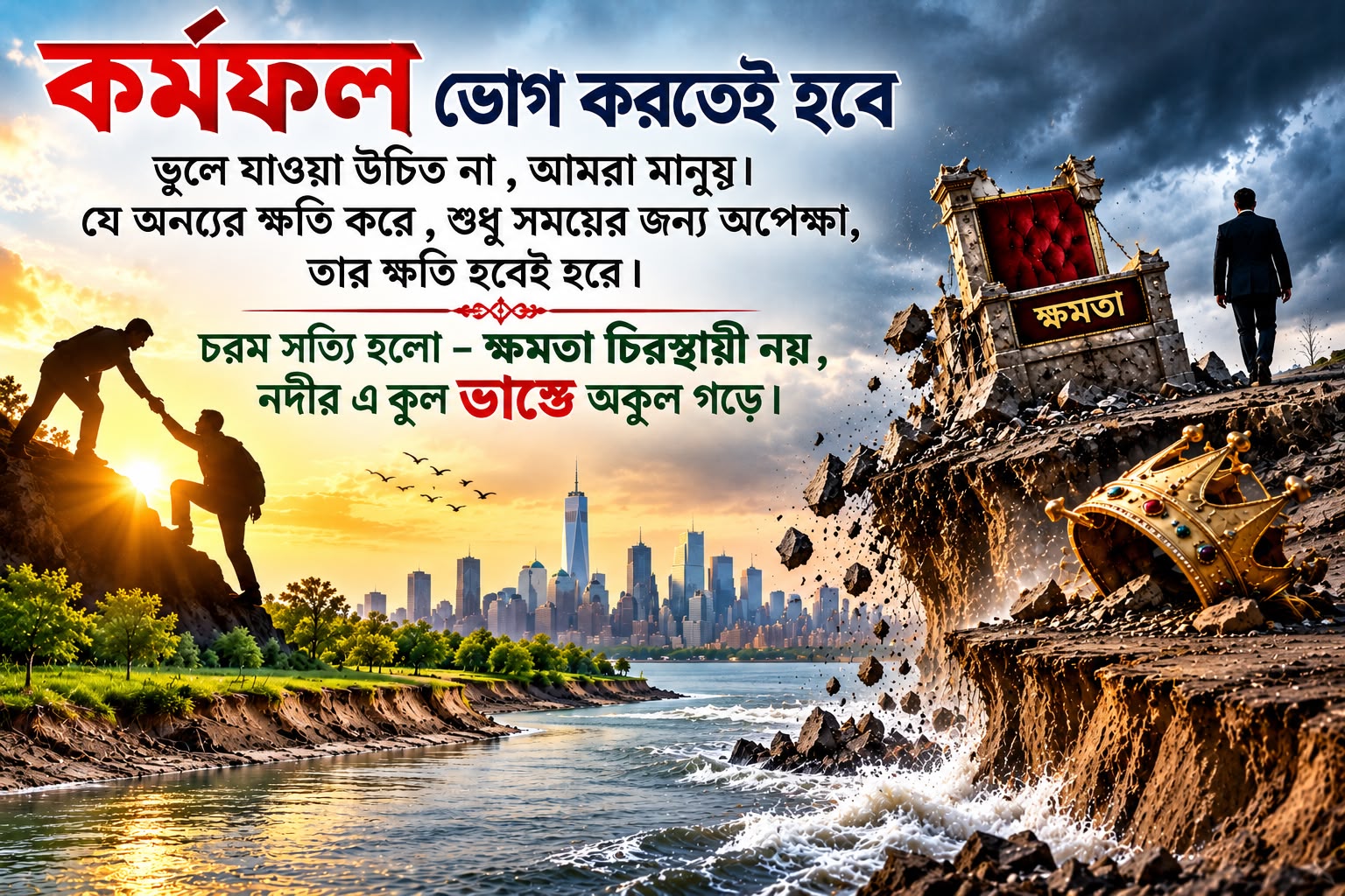 কর্মফল একদিন ফিরেই আসে, ক্ষমতা চিরস্থায়ী নয়: অন্যের ক্ষতি করে কেউ চিরকাল পার পায় না; সময়ের বিচারে মানুষের কর্মই হয়ে ওঠে তার সবচেয়ে বড় পরিচয়
