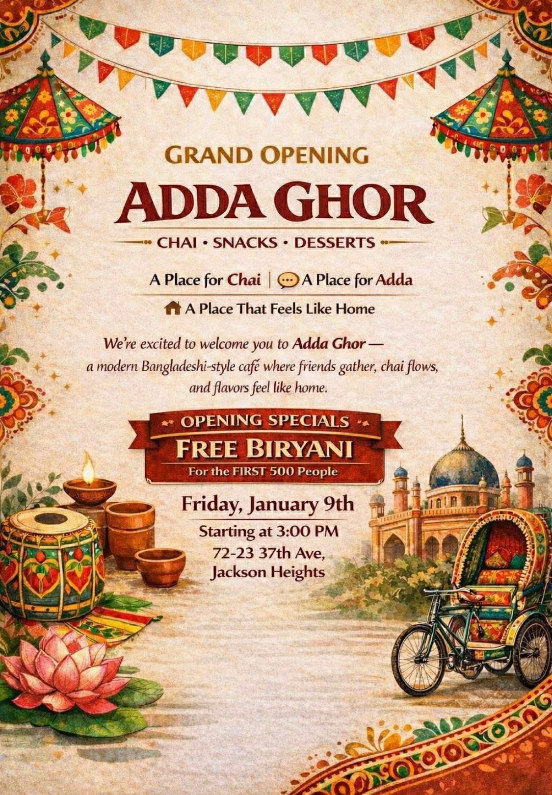 আজ নতুন ব্যবস্থাপনায় জ্যাকসন হাইটসে ‘আড্ডা ঘর’-এর জাঁকজমকপূর্ণ উদ্বোধন: চা, আড্ডা আর দেশি স্বাদের মিলনমেলায় প্রথম ৫০০ অতিথির জন্য ফ্রি বিরিয়ানি